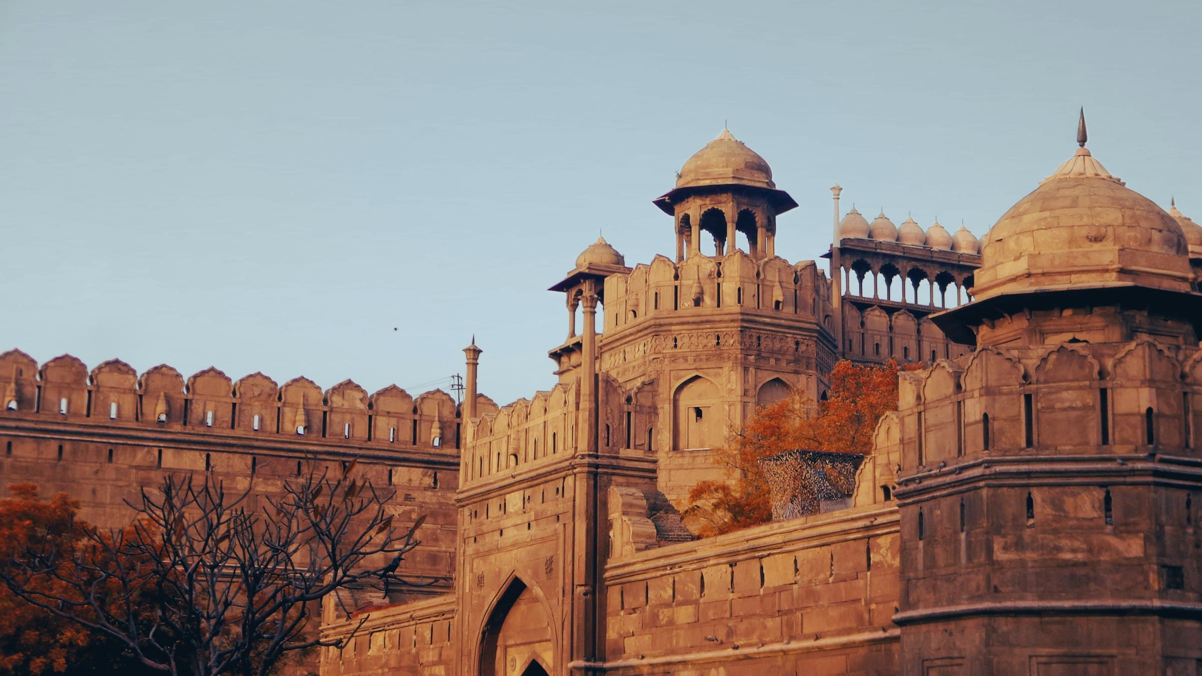 Red Fort's sandstone ramparts at golden hour, Delhi