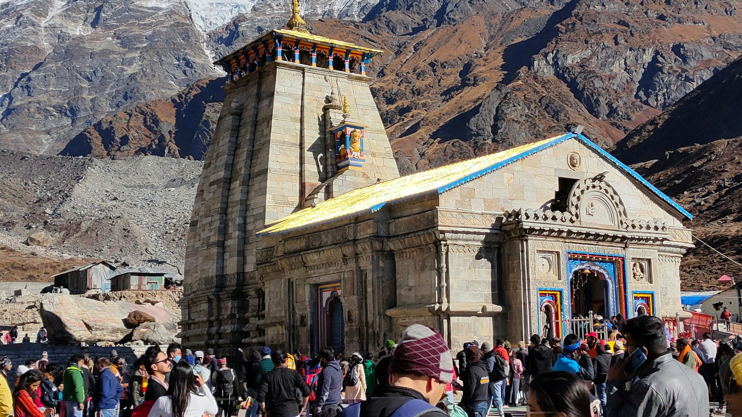 Pilgrims at Kedarnath Temple, set high in the Himalayan mountains of Uttarakhand.