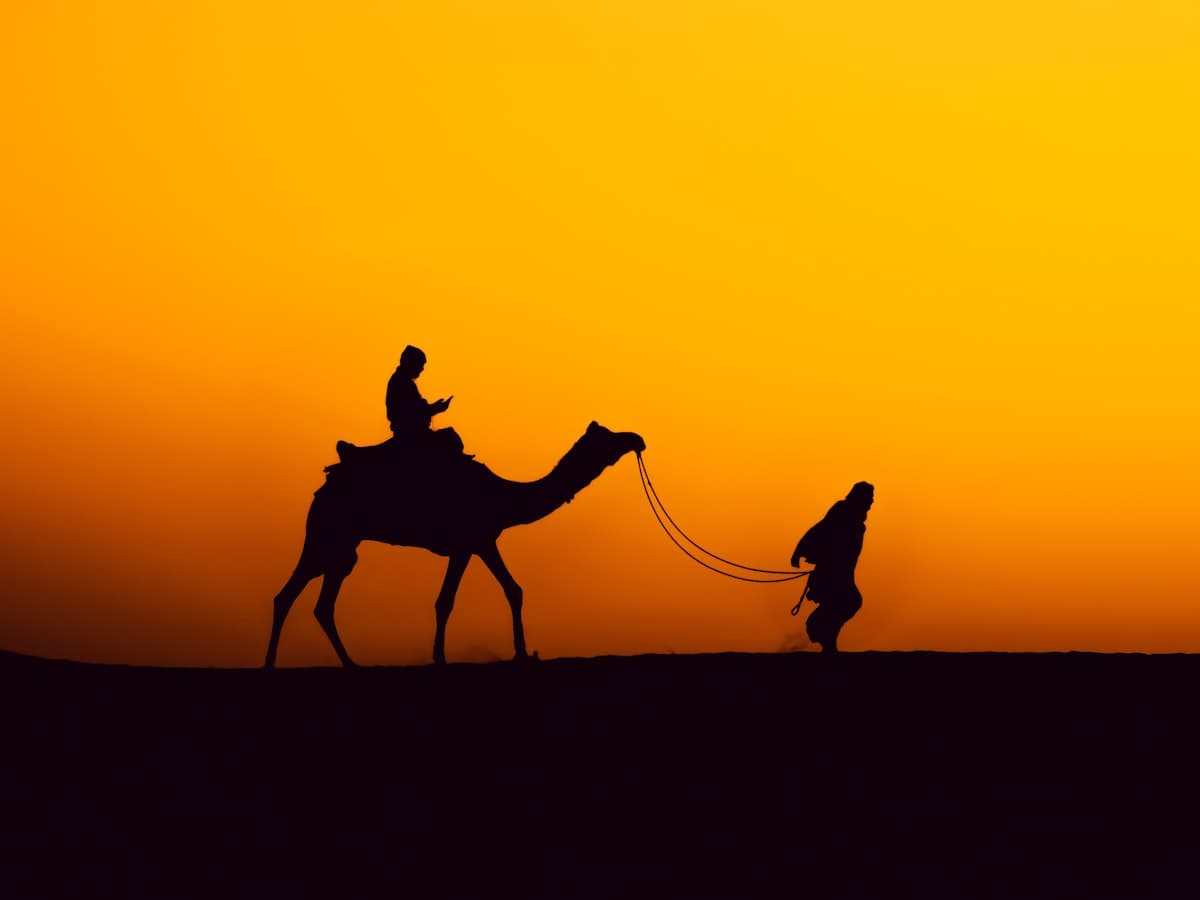 A camel rider silhouetted against the sunset at the Sam Sand Dunes, Jaisalmer
