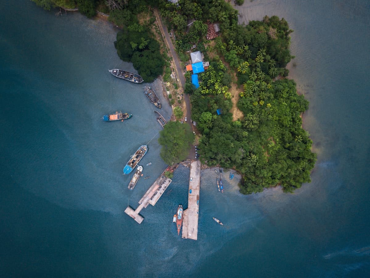 Aerial view of a small island harbor with several boats near Port Blair, Andaman Islands