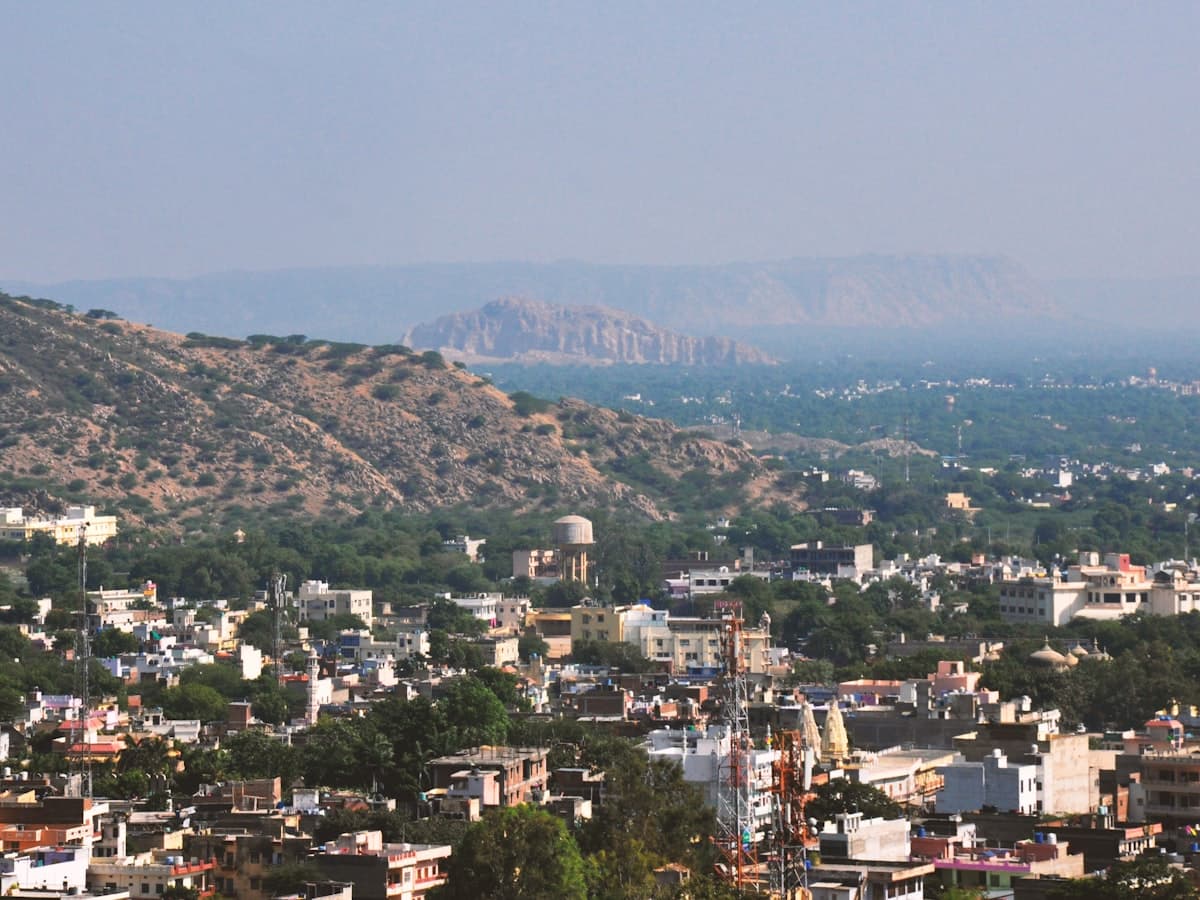 Jaipur cityscape with the surrounding Aravalli hills in the distance