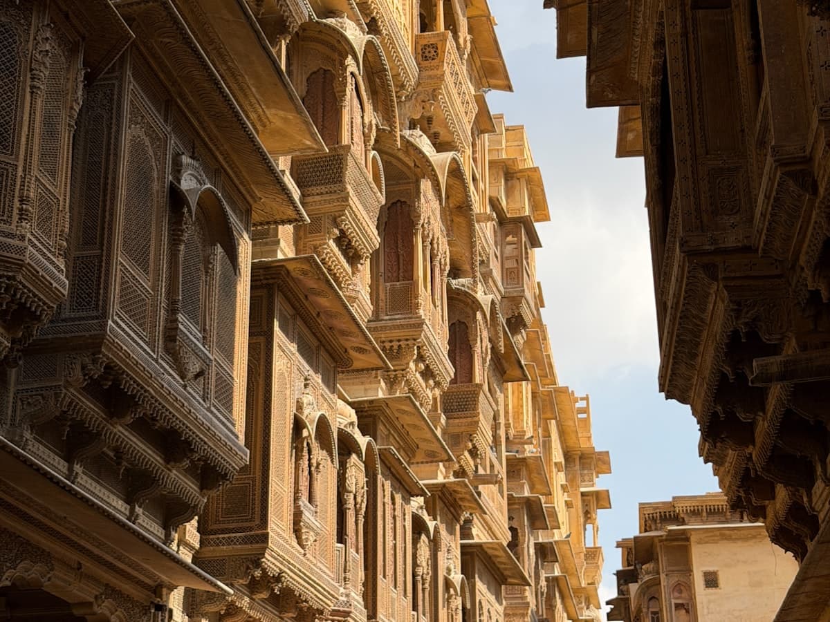 Intricate sandstone architecture and carved details of Jaisalmer's traditional haveli mansions