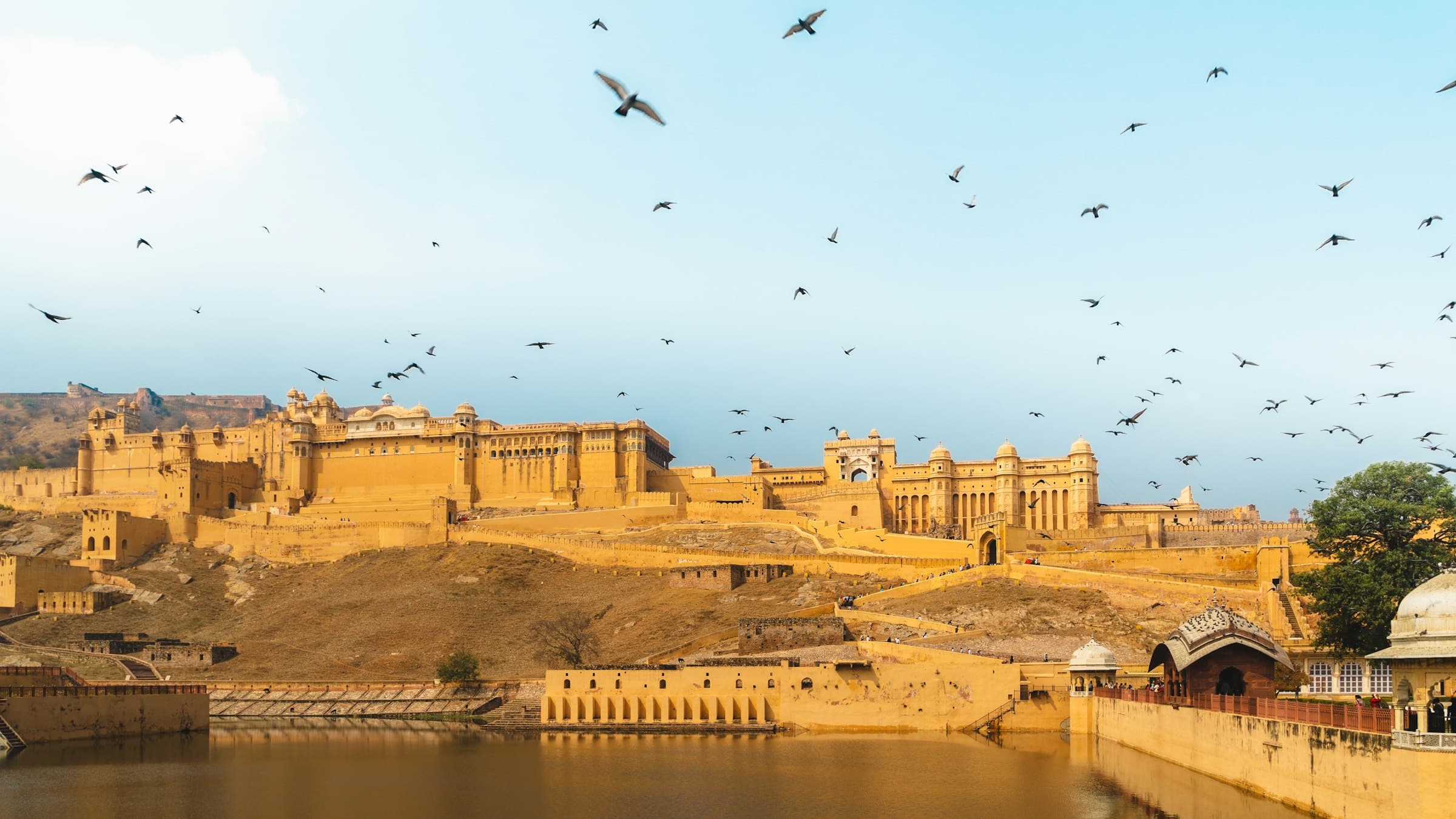 Amber Fort's majestic architecture set against Jaipur's surrounding landscape at golden hour