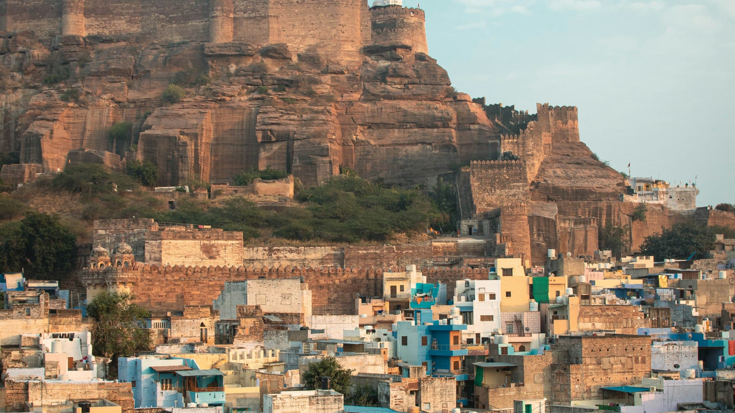 Aerial view of Mehrangarh Fort dominating the landscape above Jodhpur's blue-painted old city