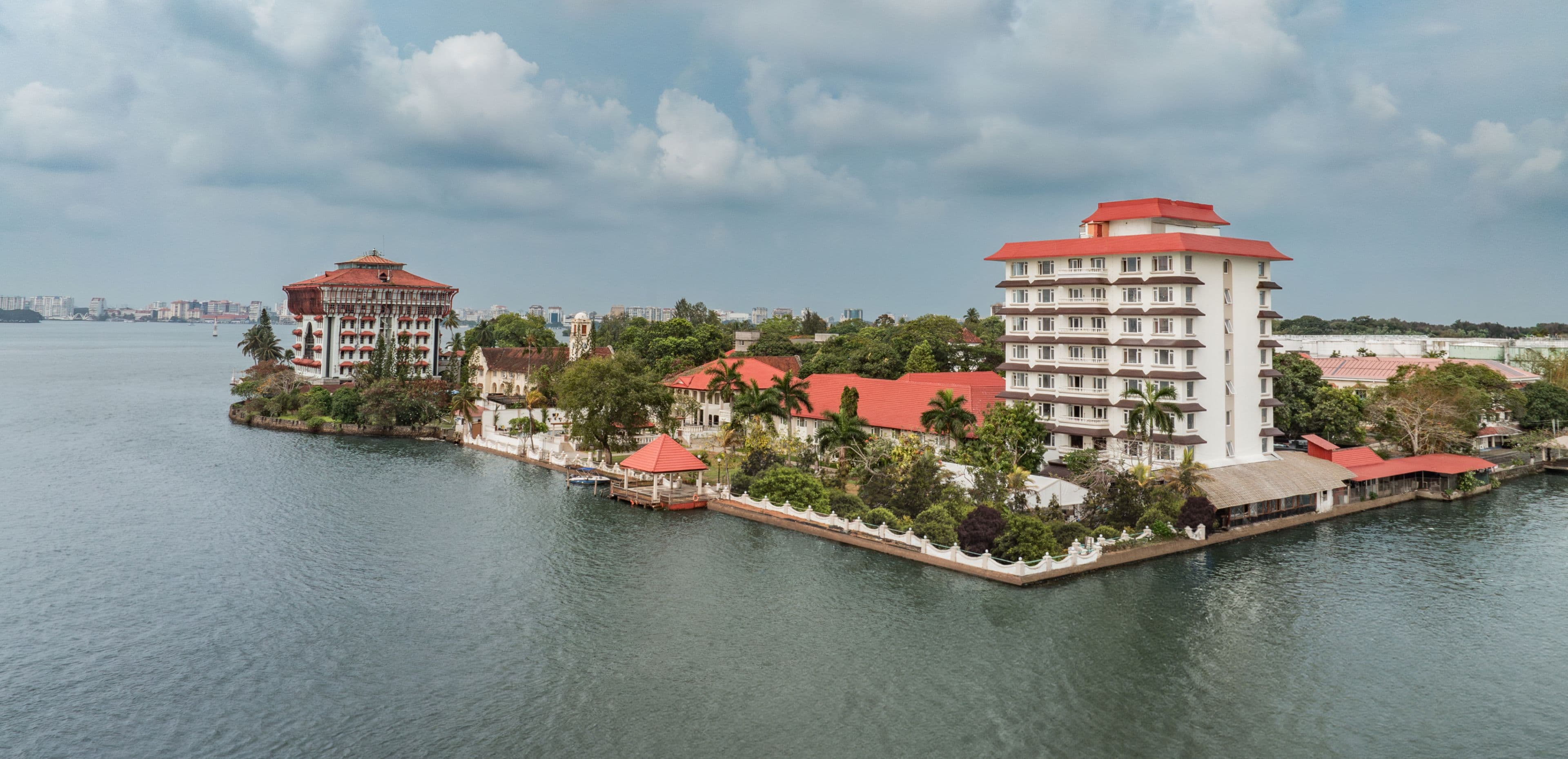 Aerial view of Taj Malabar Resort & Spa on the tip of Willingdon Island, Kochi, surrounded by harbour water