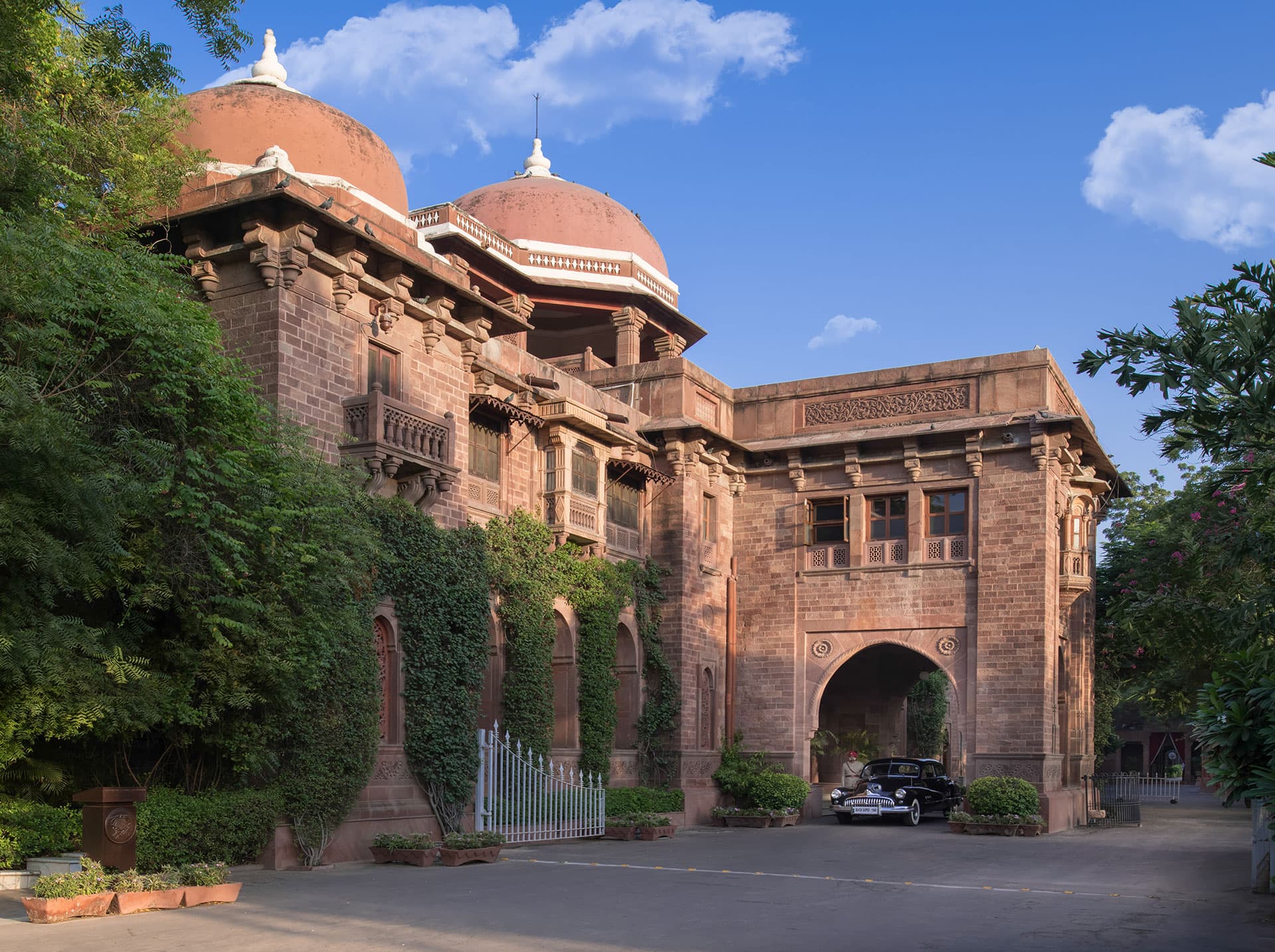 The garden grounds and heritage buildings of Ajit Bhawan, Jodhpur