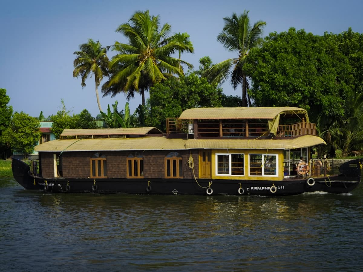 A traditional houseboat floating on the Alappuzha backwaters